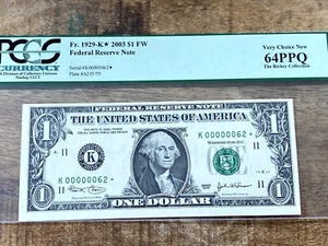 $1 2003 Federal Reserve Note 1929-K Dallas PCGS 64PPQ - LOW SERIAL 62 STAR - Picture 1 of 2