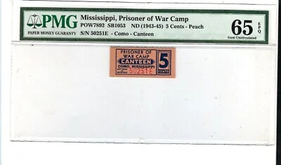 USA WWII POW Camp Chits MS-7-1-5 cents Como Mississippi PMG 65 EPQ - Image 1 of 2