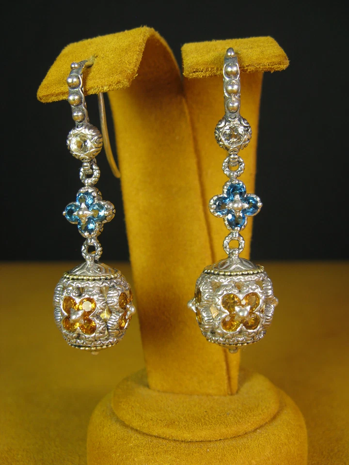 BARBARA BIXBY EARRINGS FLOWER BEAD GEMSTONE Citrine Topaz Dangle Gift Christmas - Image 1 of 1