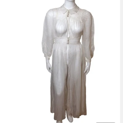 Antique Edwardian Cotton and Lace Tea Gown Dress Victorian 1900's Embroidered  - Image 1 of 4