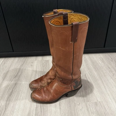 Винтажные высокие сапоги в соборном стиле 70-х ковбойские коричневые кожаные без застежек мужские 13 D - Изображение 1 из 4