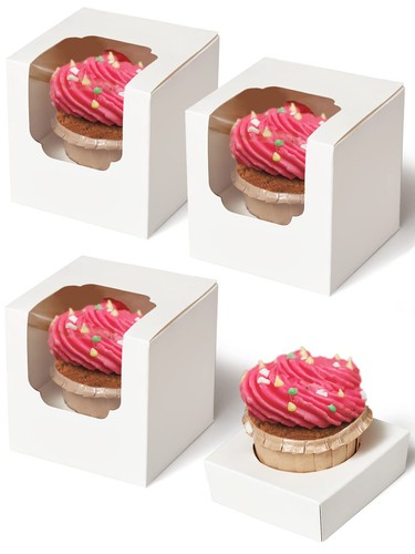 100 PCS Individual Cupcake Boxes Inserts Window White Bakery Pastry ...