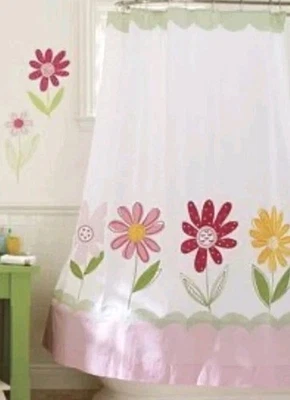 Cortina de ducha Pottery Barn Kids bordada margarita jardín 72x72 algodón Foto 1 de 4