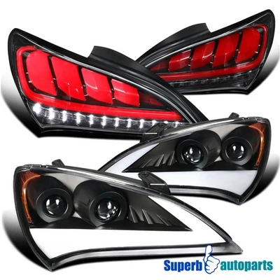 Fit 2010-2012 Genesis Black Projector Headlights Sequential Signal+LED Tail Lamp Foto 1 de 4