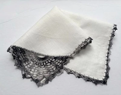 VINTAGE HANKY WHITE IRISH LINEN WITH HAND CROCHET EDGING IN BLACK & GRAY - Image 1 of 3