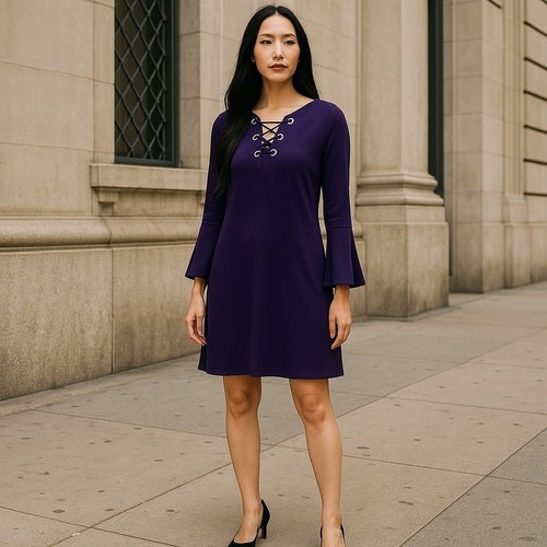 Abito donna Michael Kors viola stringato manica a campana taglia XS nuovo con etichetta