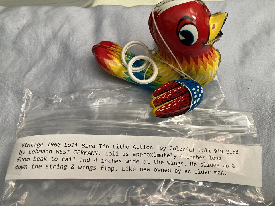 复古 1960 年 Loli Bird Tin Litho 动作玩具 五颜六色的 919 鸟雷曼 W. 德国。 — 第 1/4 张图片
