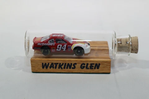 RARE Bill Elliott #94 Glass Bottle Model with Driver Card Watkins Glen Stand Cover
