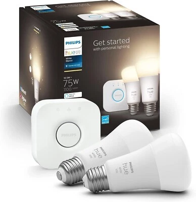 Philips Hue White Smart Light Starter Kit - Includes 1 Bridge, and 2 75W A19 - Image 1 of 4