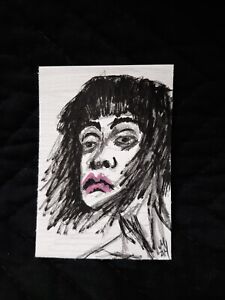 ACEO Mixed Media Woman With Tired Eyes Drawing Artwork Miniature