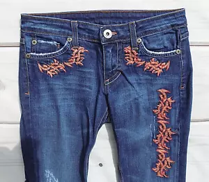 Distressed Flare Leg Tribal Street Denim Jeans Womens Slim Fit Sz 3 (28W x 32L) - Picture 1 of 12