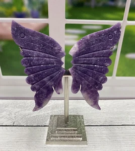 Lepidolite Crystal Butterfly Wings Carving On Silver Metal Stand | Crystals - Picture 1 of 7