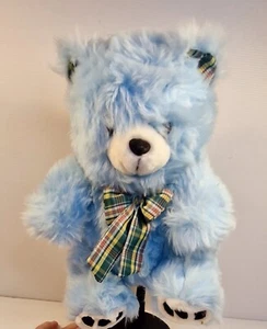 Big Blue with Teddy Bear with Tartan Ribbon Stuffed Cuddly Soft Plush Toy 29cm - Picture 1 of 13