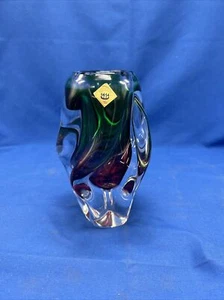 Vintage Bohemia Crystal Red Green Twisted Propeller Sommerso Vase Czech W Tag - Picture 1 of 12