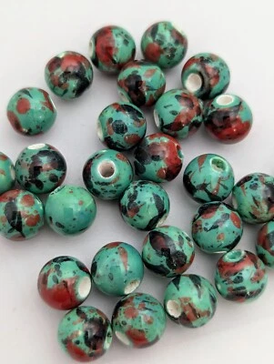 5 Ceramic Beads, Picasso Design, 10mm, Round, Green, 2.5mm Hole - Image 1 of 2