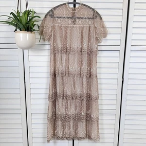 Vtg 80s Rina di Montella Silk Lace Tiered Midi Dress Tan Rhinestone Size 6 - Picture 1 of 9
