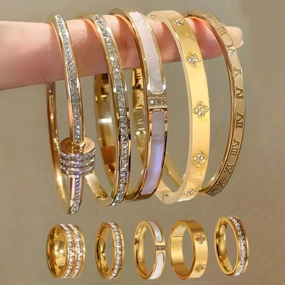 Juego de joyas para mujer: 10 piezas pulseras y anillos completos de diamantes de imitación, brazalete abierto dorado Foto 1 de 4