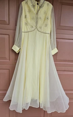 Vestido formal vintage hecho a medida de gasa amarillo años 70 M Foto 1 de 4