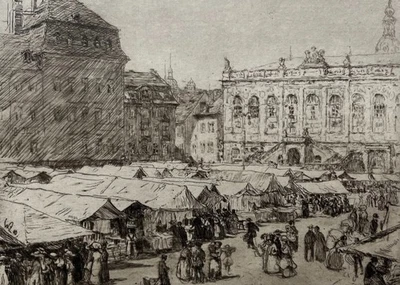 Walter Zeising Signierte Original Radierung 1910 - Jahrmarkt in Dresden Neumarkt - Bild 1 von 4