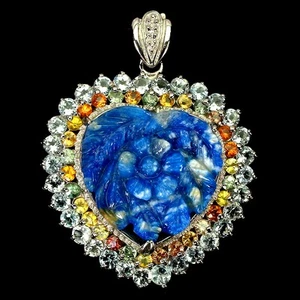 925 Sterling Silver Pendant Flower Carved Lapis Lazuli Sapphire Handmade Jewelry - Picture 1 of 13