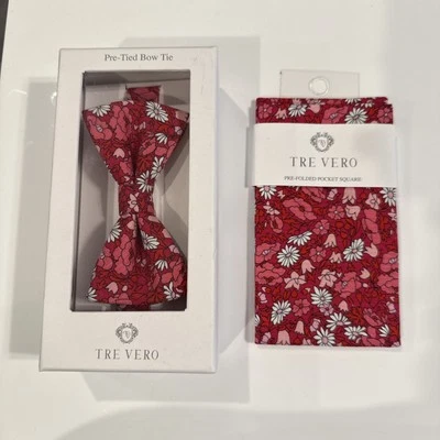 Tre Vero 100% Silk Pink & Red Floral Bow-Tie & Pocket Square - Image 1 of 4
