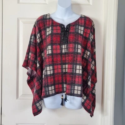 Haute Fox Flannel Plaid Re Black Poncho Sweater Oversized Pullover Lace-up Med - Image 1 of 4
