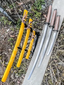 3pc Yellow Japanese Samurai Katana Sword Set Dragon Engraved Wooden Sheath w/ S - Picture 1 of 1