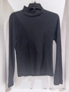 J.CREW Women’s Pointelle Knit Turtleneck Black T-Shirt Ruffle Ribbed Top Large - Picture 1 of 6