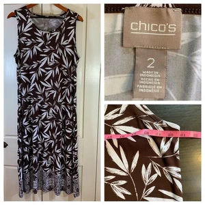 Chico's 2 Sleeveless Leaf Print Brown Maxi Dress Size Large Stretch Travel Knit - Picture 1 of 10