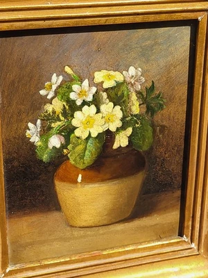 Tableau ancien signé.  Bouquet de Fleurs.  Peinture huile sur panneau de bois. - Photo 1/4