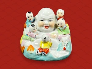 Budda riendo de porcelana china vintage con niños - Imagen 1 de 9