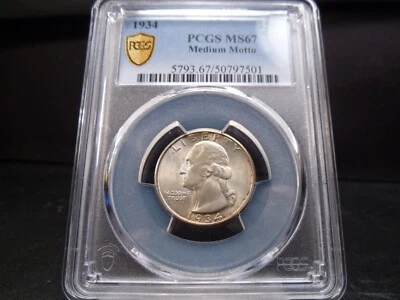 1934 MS67 Medium Motto Washington Silver Quarter PCGS Certified Gem - White - Image 1 of 4