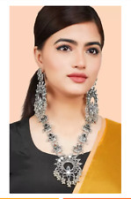 Ethnic Traditional Indian Oxidized Silver Choker Necklace, Earrings Jewel Set 