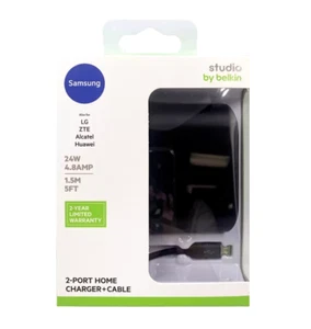 Belkin Dual Port (4.8 AMP) MICRO USB Home Charger With Cable - Black - RETAIL - Picture 1 of 3