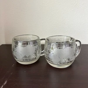 Nescafe Etched Glass World Map Globe Coffee Mug Glass Set of 2 Vintage - Picture 1 of 8