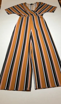 Derek Heart jumpsuit multicolor stripes medium orange pink blue black - Image 1 of 4