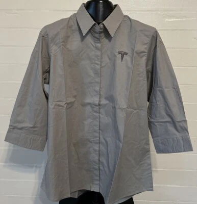 Tesla Empleada Camisa Mujer’s Grande Logo Botón Abajo Gris Manga 3/4 Foto 1 de 4