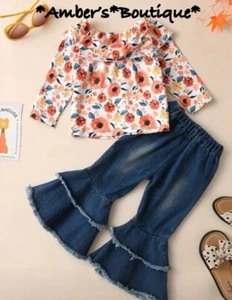 4T New *Boutique* ~ Floral ~ Ruffle Trim Top & Flare Denim Pants Comfy Outfit  - Picture 1 of 4