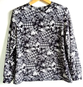 Vintage Bedford Fair Blouse Top Women's Size 10P Black White Floral Long Sleeve - Picture 1 of 6