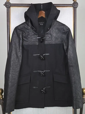 THEORY Wool Cashmere Leather Womens Size Small hooded Toggle Coat Jacket Black - Image 1 of 4