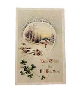 Los mejores deseos para el año nuevo rústico nevado hogar hombre tréboles años 1910 postal usada - Imagen 1 de 8