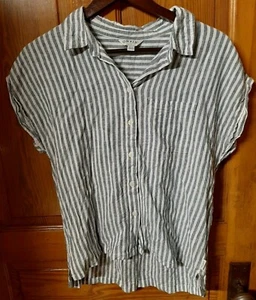 Orvis Hemd Damen Gr. Medium blau gestreift Leinenmischung Rollkragen ärmellos Knopfleiste - Bild 1 von 6