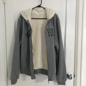 New York Men Winter Outwear Faux Fur-Lined Hoodie Heavy Jacket - Gray Large - Picture 1 of 7