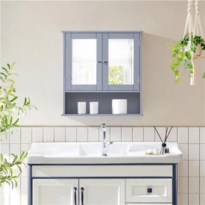 Armario de Pared Baño con Espejo 56x13x58 cm con 2 Puertas Gabinete Colgar Gris - Imagen 1 de 10