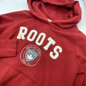 Roots Canada Hoodie Sweatshirt Youth Medium Red 3D Felt Spellout Organic - Picture 1 of 13