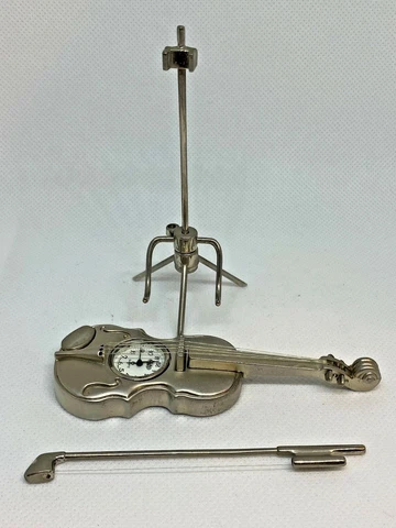 Rare! Collectable Sanis Novelty Violin Miniature Clock on Stand with Strings&Bow Cover