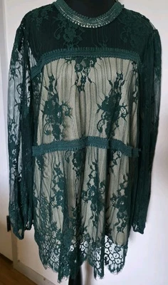 Top Boho Romántico Hada Victoriano Encaje Forrado Verde Manga Larga Para Mujer 1X Foto 1 de 4