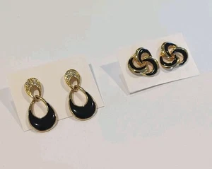 Set Vintage Ohrringe goldfarben und dunkelblau emailliert Strass baumeln  - Bild 1 von 6