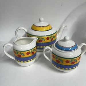 Vista Alegre Cherry Pattern Tea Pitcher, Cream And Sugar Made In Portugal - Picture 1 of 12