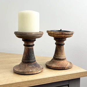 Candle Holders Set of 2 for Pillar Candles Sticks Vintage Wooden Rustic Gift D3 - Picture 1 of 7